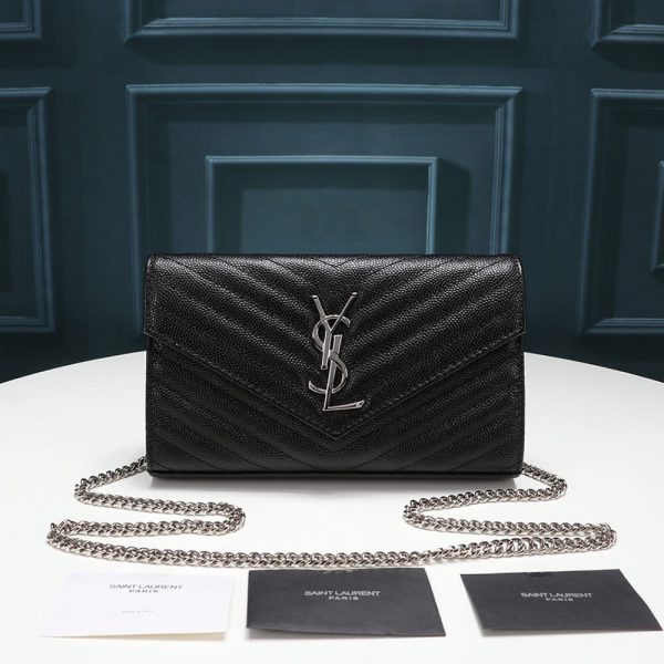 Saint Laurent Chain-strap YSL-plaque grained-leather wallet