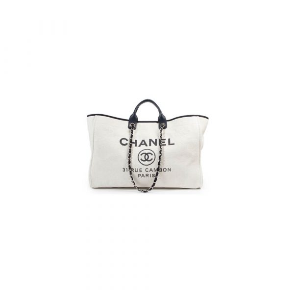 CHANEL Woven Straw Raffia Striped Medium Deauville Tote