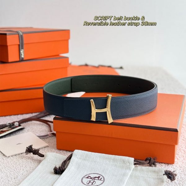HERMES Script belt buckle & Reversible leather strap 38 mm
