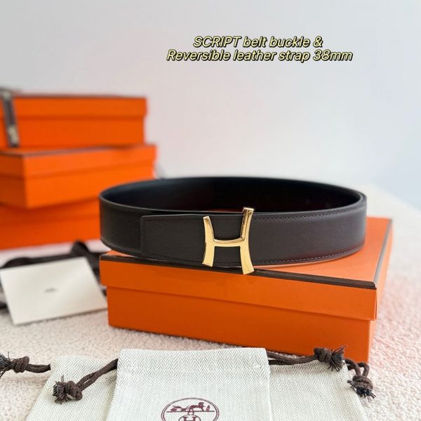 HERMES Script belt buckle & Reversible leather strap 38 mm