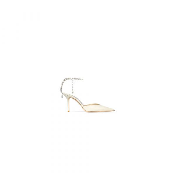 JIMMY CHOO Ivory Satin Pumps with Crystal Embellishment