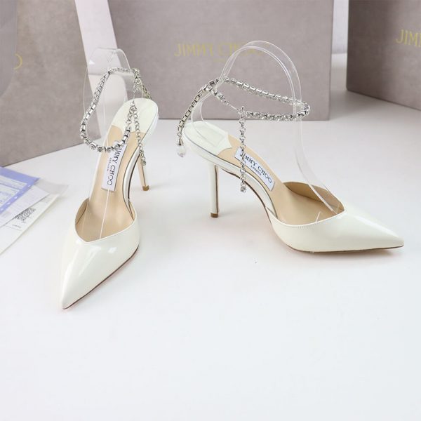 JIMMY CHOO Ivory Satin Pumps with Crystal Embellishment