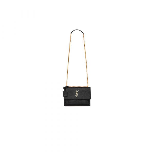 SUNSET MEDIUM CHAIN BAG IN CROCODILE-EMBOSSED SHINY LEATHER
