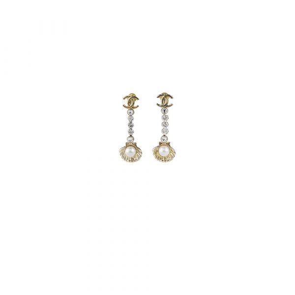 Chanel Rhinestone Pearl Shell Drop Earrings