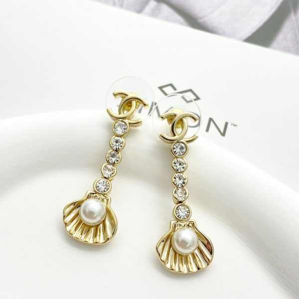 Chanel Rhinestone Pearl Shell Drop Earrings