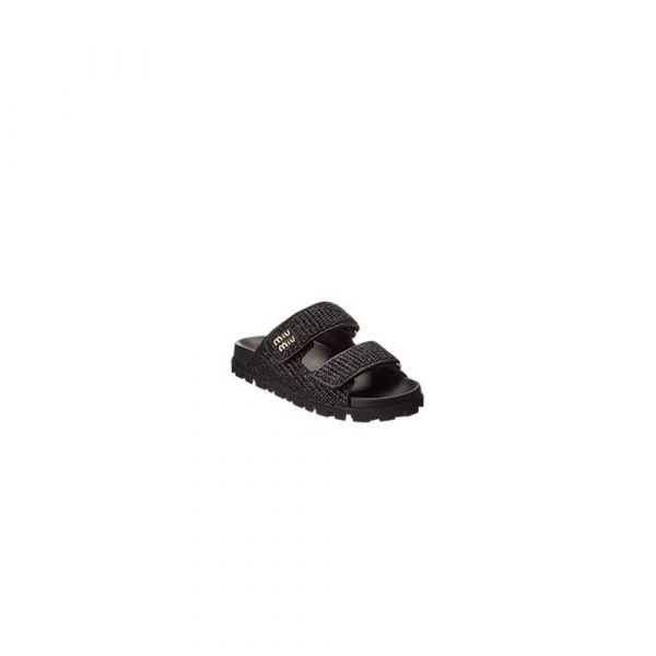 MiuMiu Raffia-effect woven fabric slides