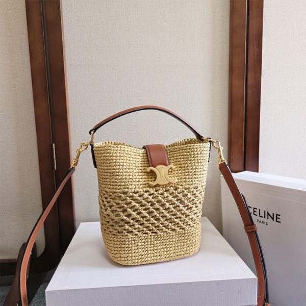 CELINE SMALL LOUISE BUCKET IN RAFFIA AND CALFSKIN(HIGH-END GRADE)