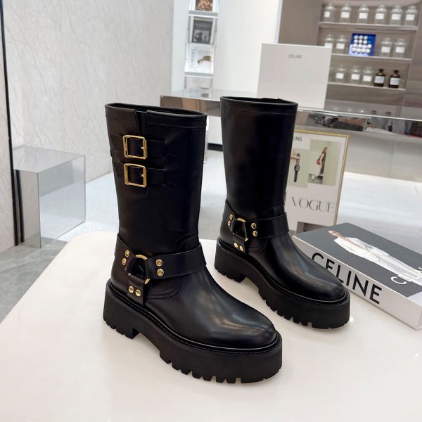 CELINE BULKY MID BIKER BOOT WITH HARNESS IN CALFSKIN