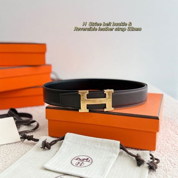 HERMES H Striee belt buckle & Reversible leather strap 32 mm