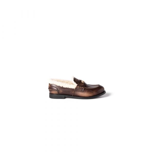 MIUMIU Bleached leather and shearling penny loafers